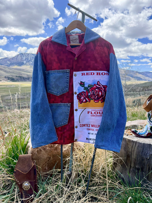Handmade Red Rose Flour Sack + Denim Button Down Workshirt — Handmade Patchwork | Size M