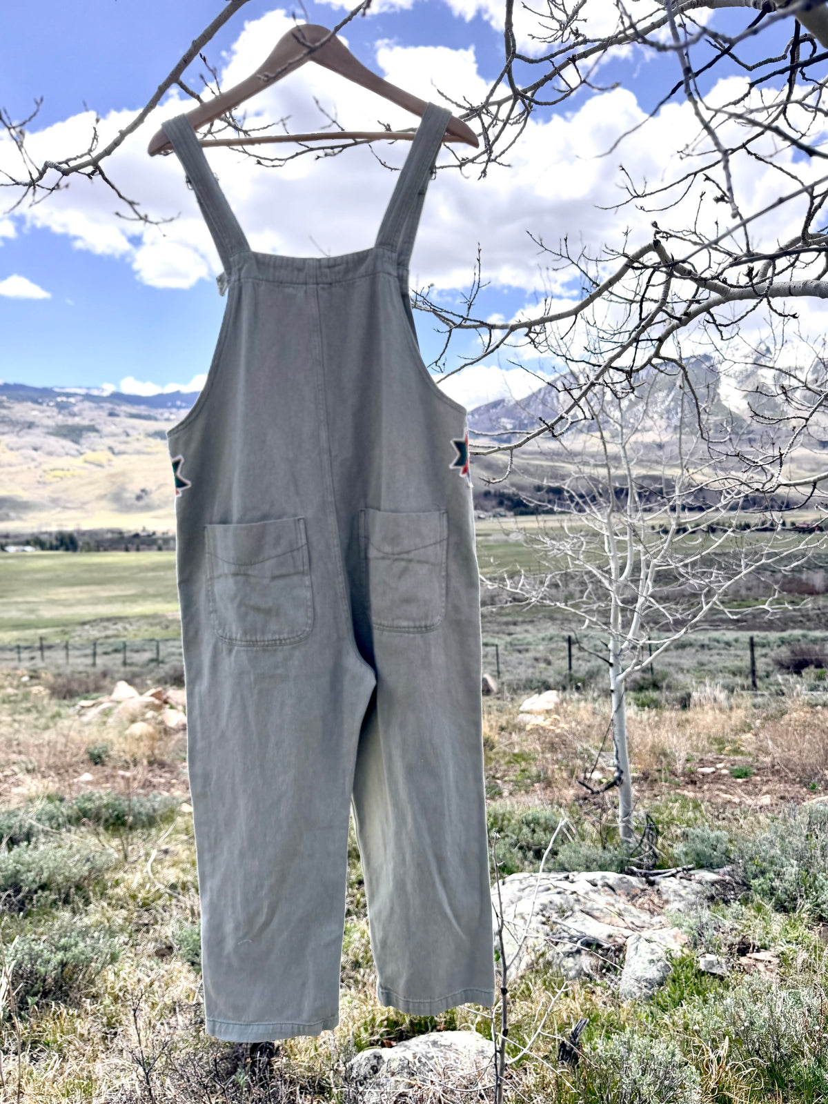 Upcycled Grey Denim Overalls Southwestern Patch (L)