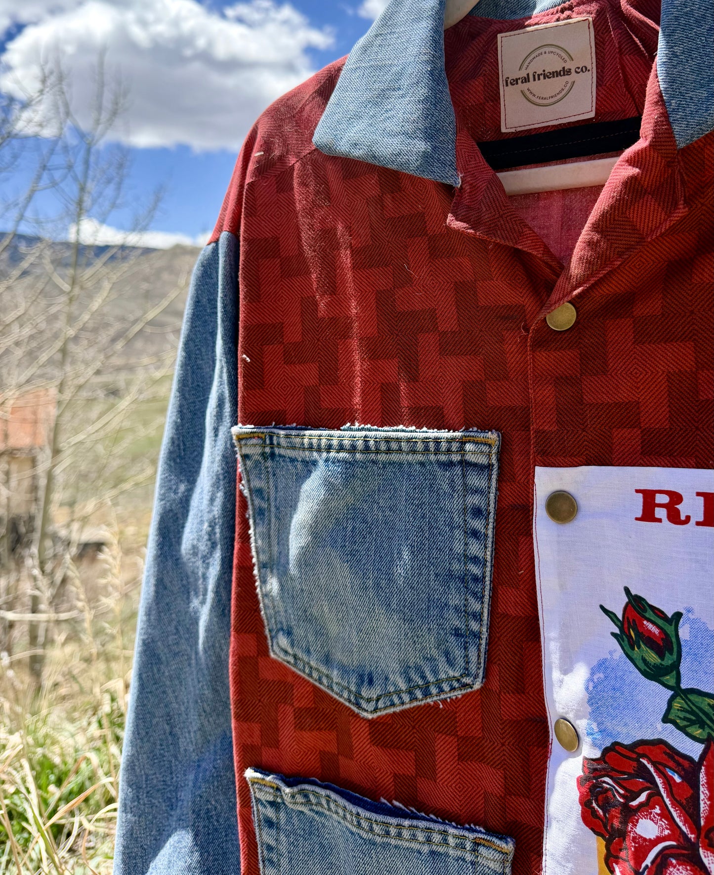 Handmade Red Rose Flour Sack + Denim Button Down Workshirt — Handmade Patchwork | Size M