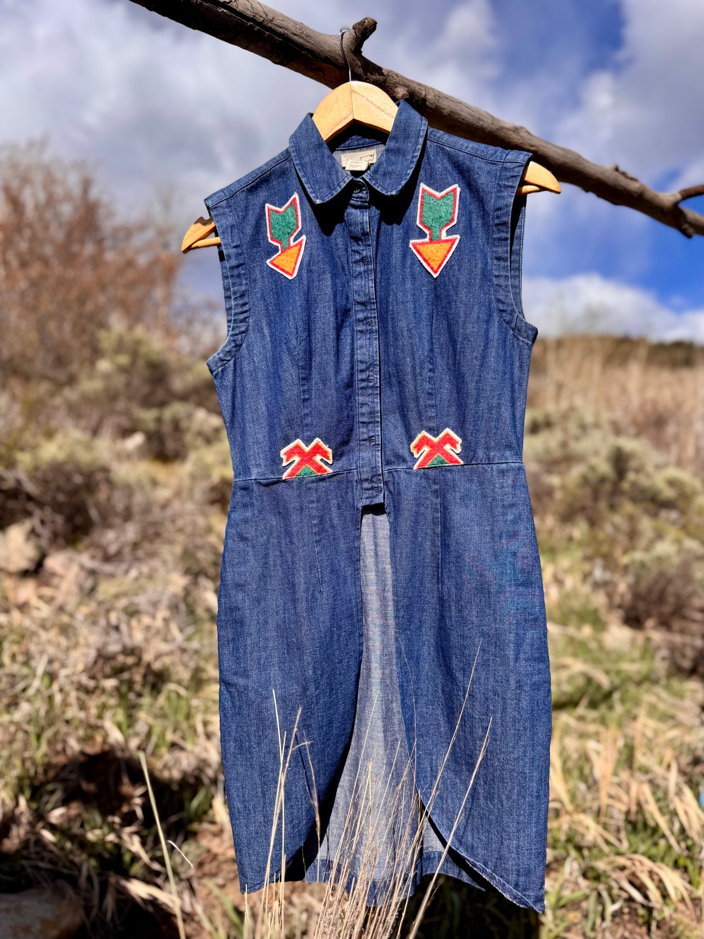 Upcycled Southwestern Long Denim Tuxedo Vest (XS)