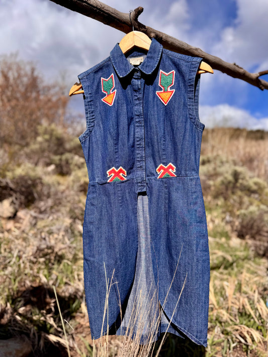 Upcycled Southwestern Long Denim Tuxedo Vest (XS)
