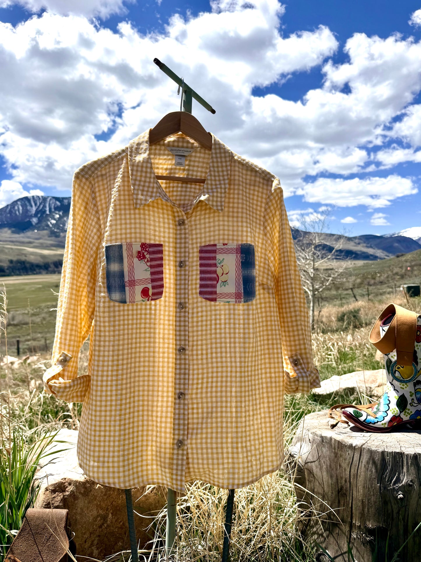 Upcycled Christopher Banks Yellow Gingham Shirt M Petite