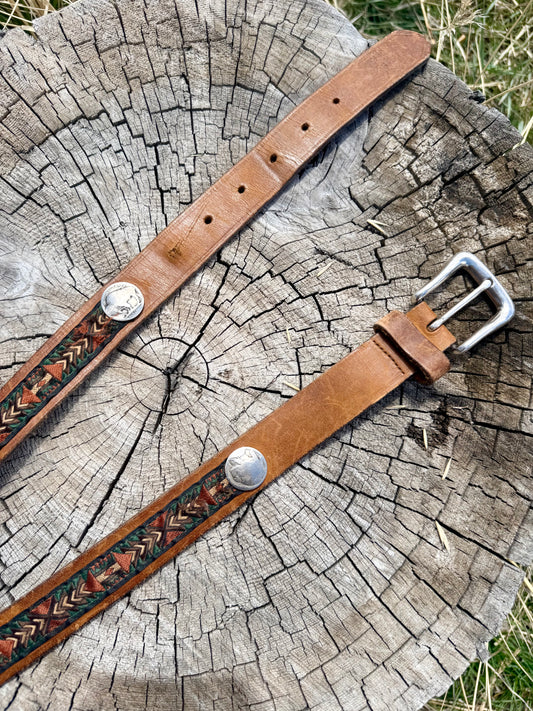 Vintage Western Buffalo Nickel Leather Belt – Inlaid Southwestern Pattern