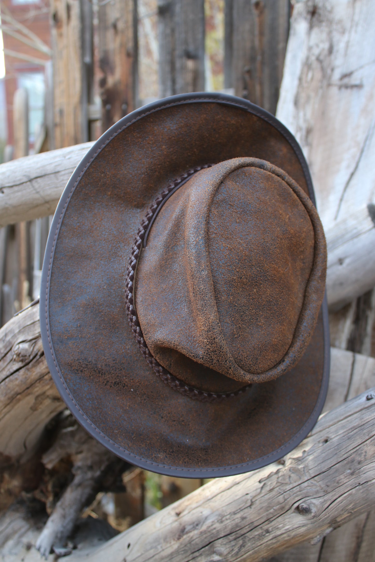Vintage Henschel Leather Outback Hat – Distressed Brown, Made in USA