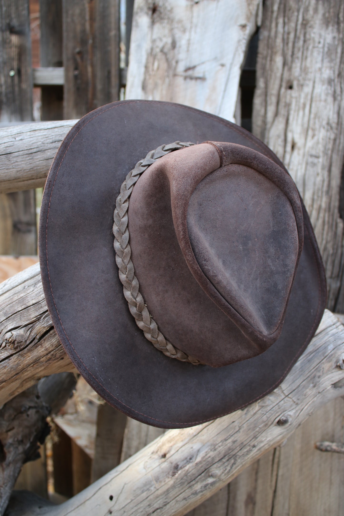 Vintage Henschel Leather Outback Hat – Distressed Brown, Made in USA