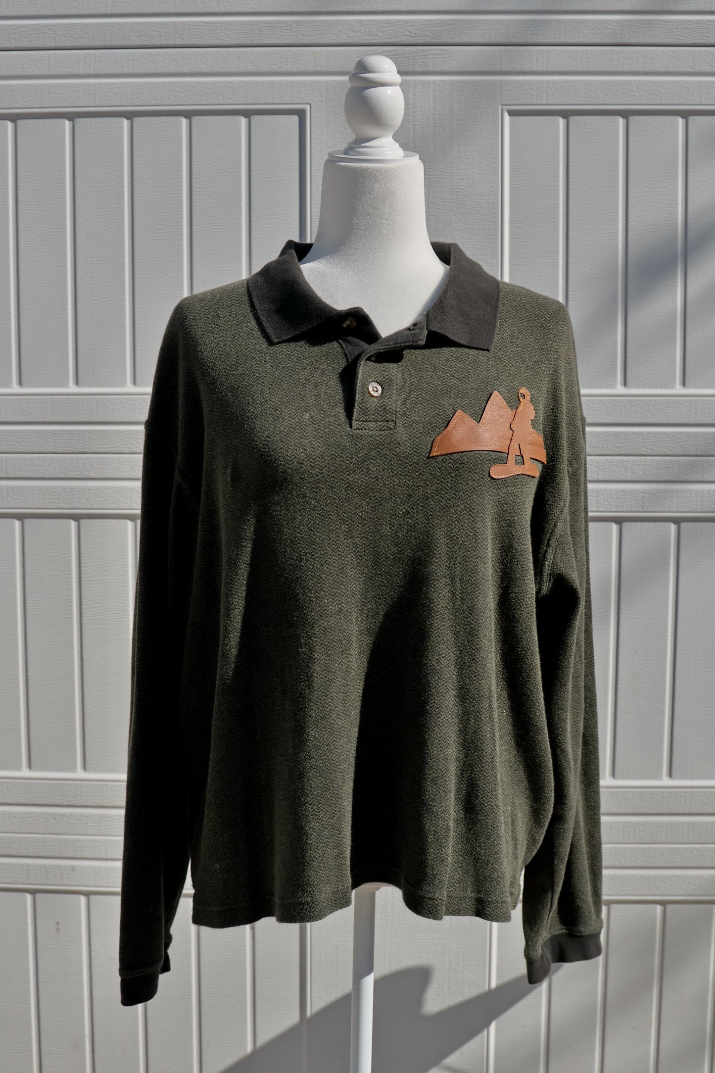 "Backcountry Boarder Polo" - Upcycled Eddie Bauer with Leather Mountain Patch