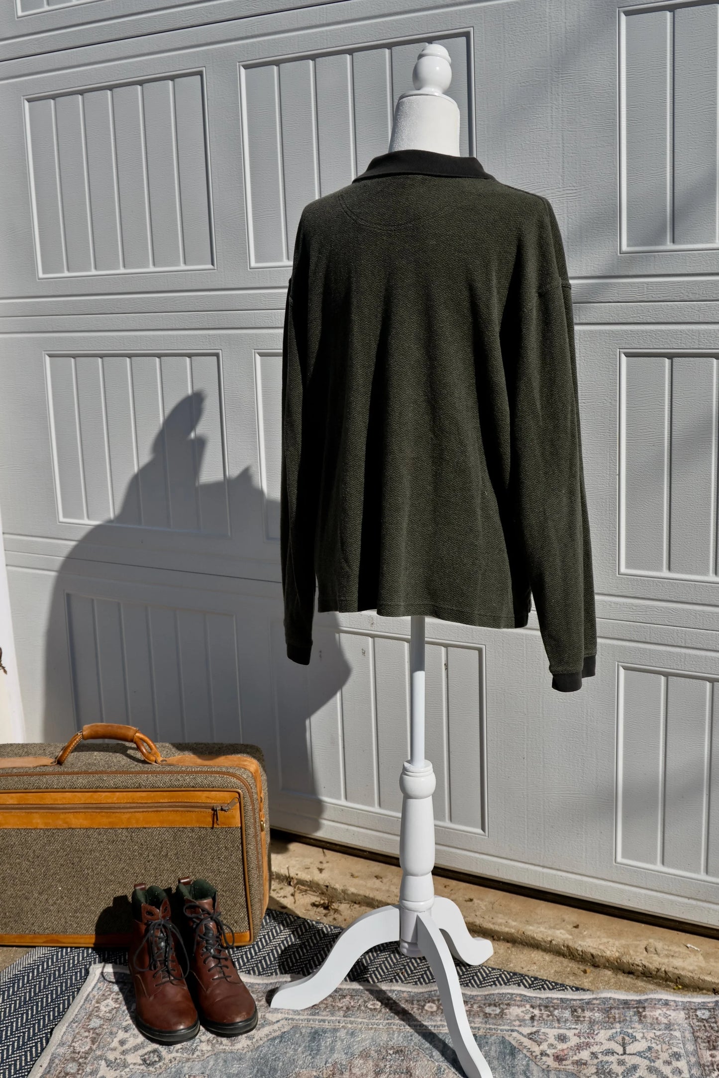 "Backcountry Boarder Polo" - Upcycled Eddie Bauer with Leather Mountain Patch