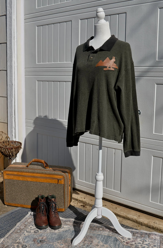 "Backcountry Boarder Polo" - Upcycled Eddie Bauer with Leather Mountain Patch