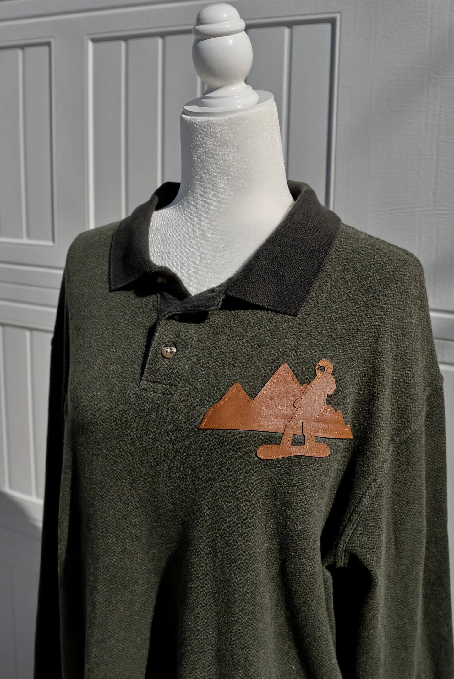 "Backcountry Boarder Polo" - Upcycled Eddie Bauer with Leather Mountain Patch