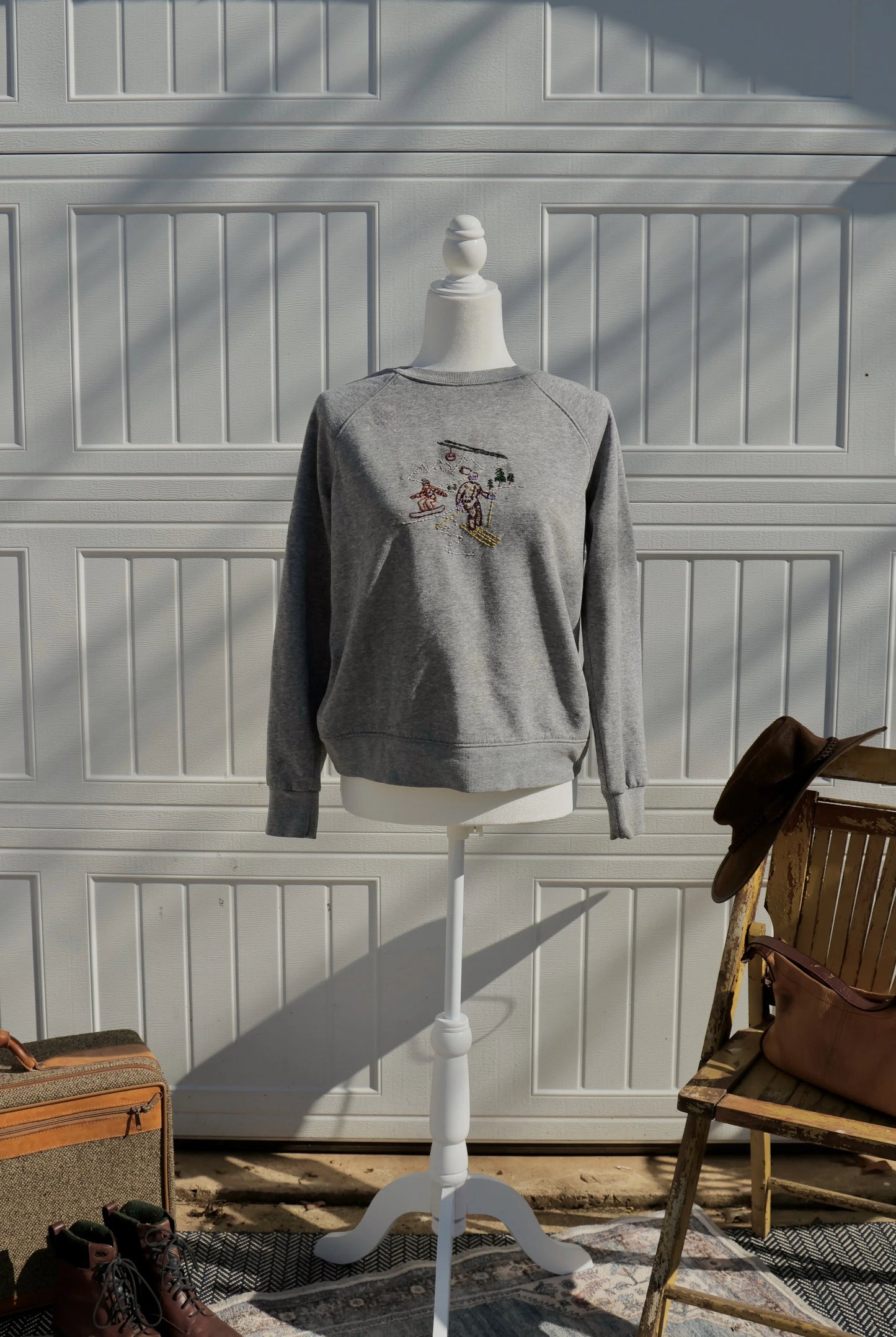"Pow Day Stitch Crewneck" — Upcycled Hand-Embroidered Ski + Snowboard Scene Sweatshirt