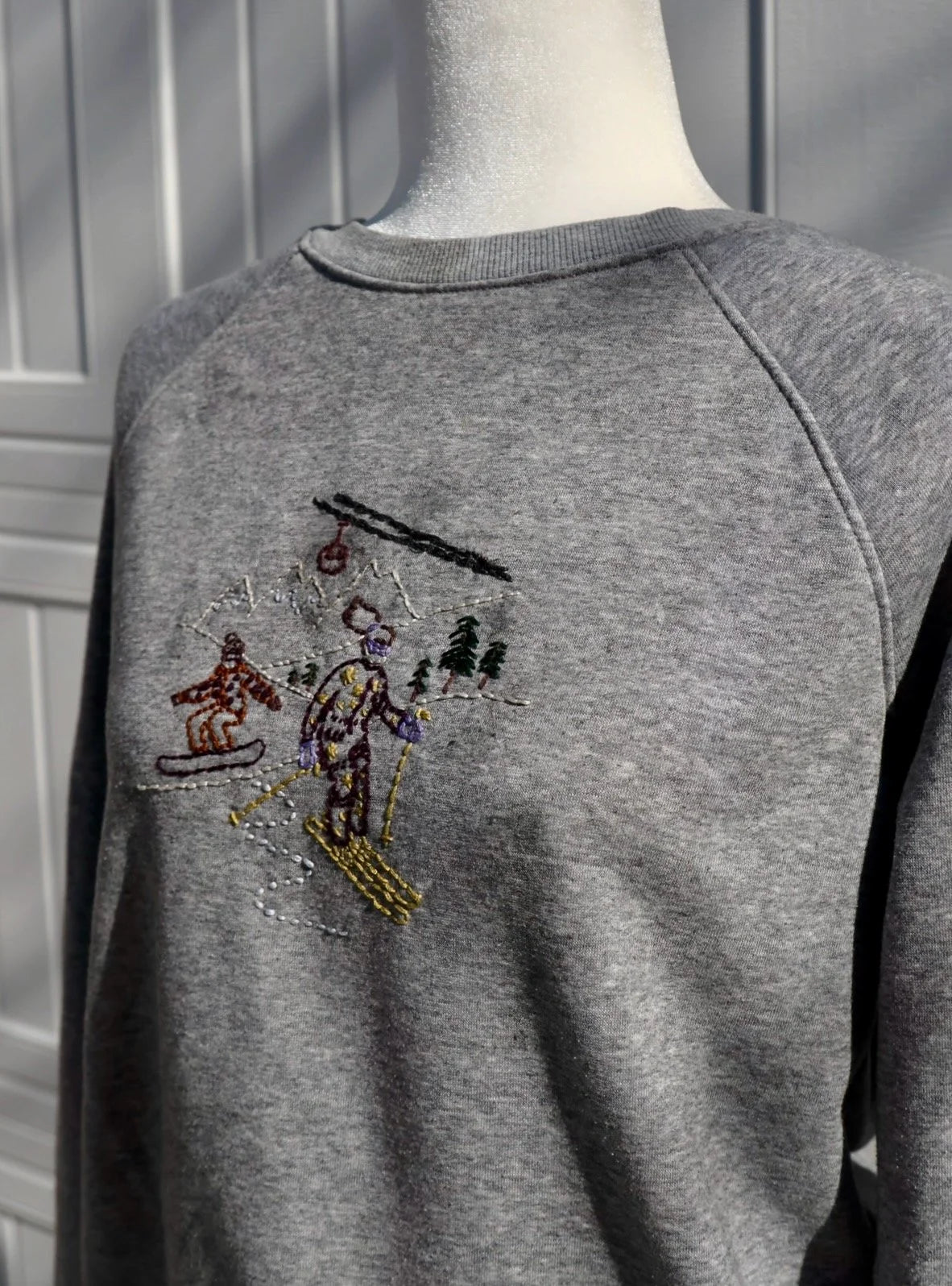 "Pow Day Stitch Crewneck" — Upcycled Hand-Embroidered Ski + Snowboard Scene Sweatshirt