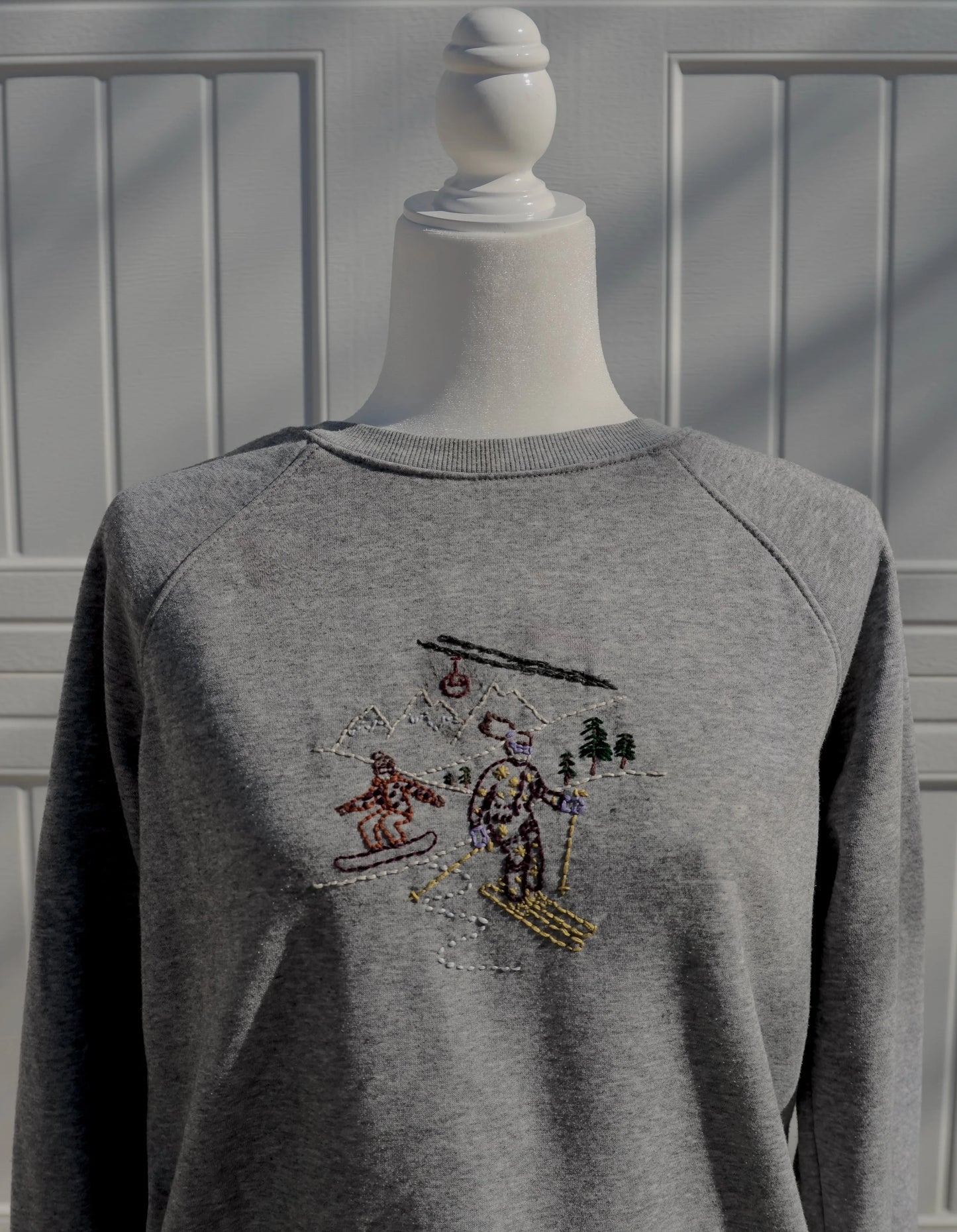 "Pow Day Stitch Crewneck" — Upcycled Hand-Embroidered Ski + Snowboard Scene Sweatshirt