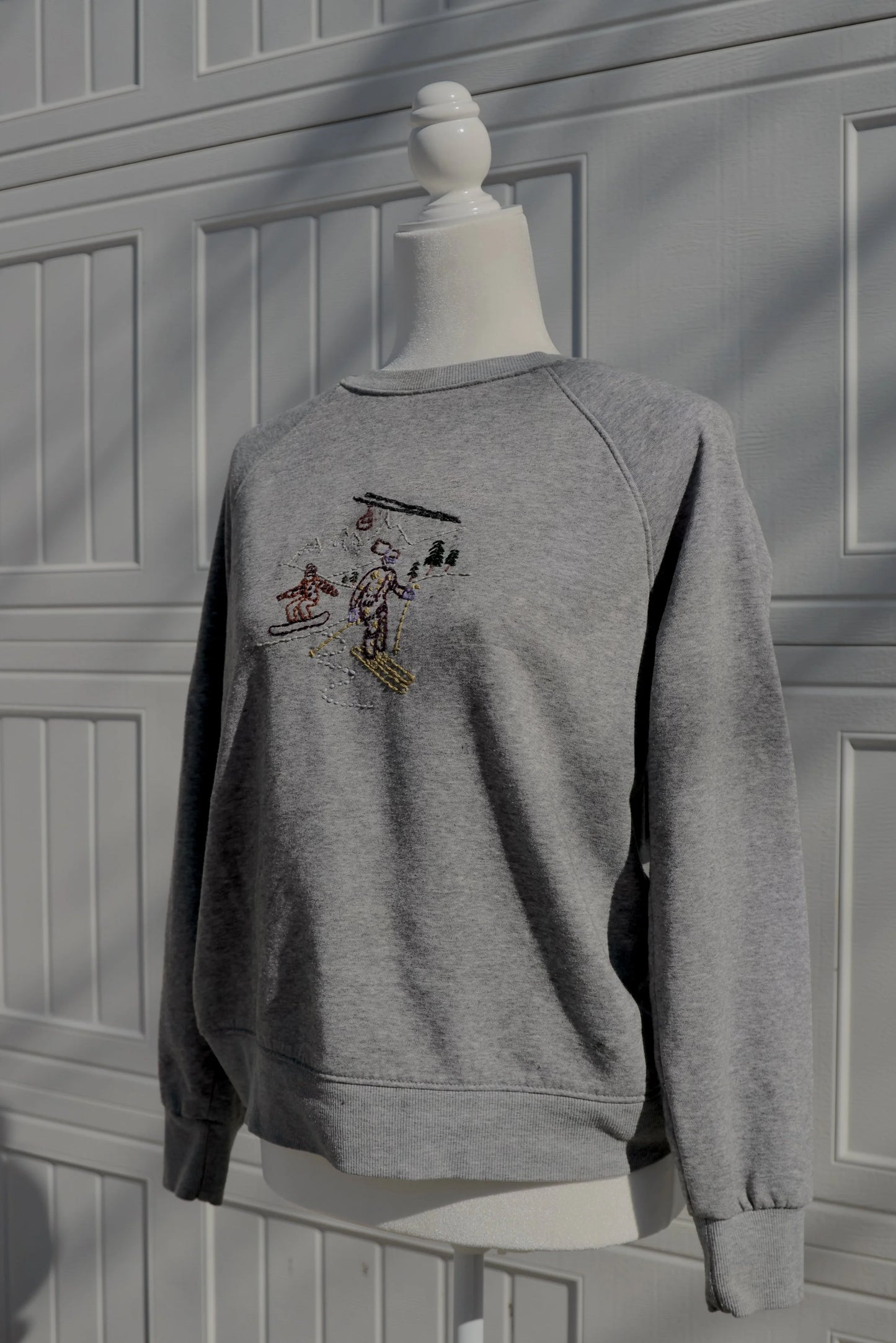 "Pow Day Stitch Crewneck" — Upcycled Hand-Embroidered Ski + Snowboard Scene Sweatshirt