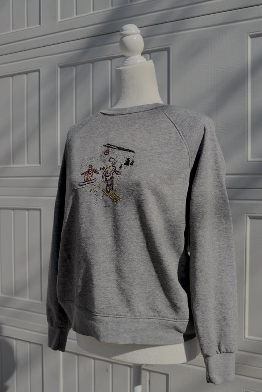 "Pow Day Stitch Crewneck" — Upcycled Hand-Embroidered Ski + Snowboard Scene Sweatshirt