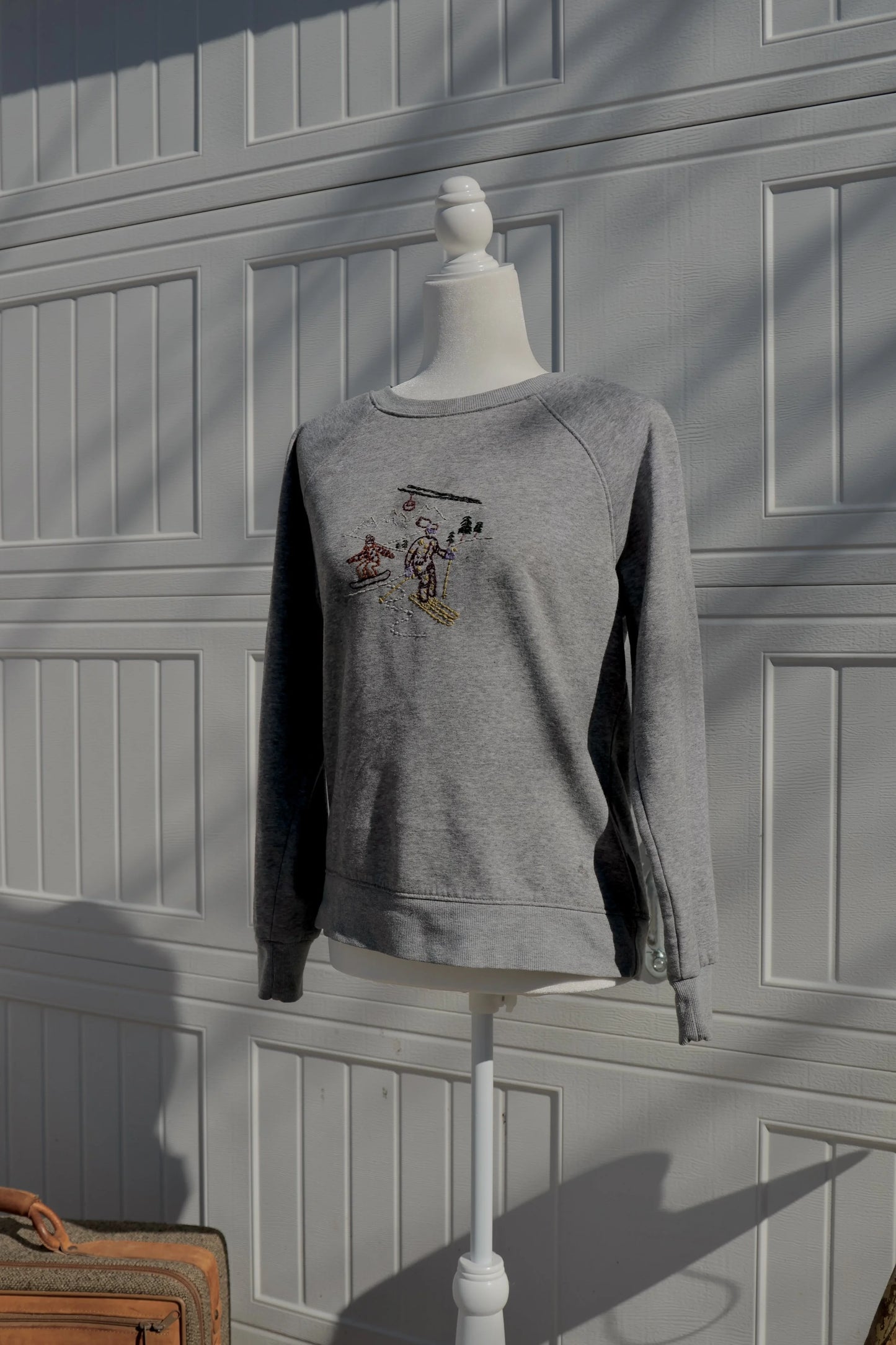 "Pow Day Stitch Crewneck" — Upcycled Hand-Embroidered Ski + Snowboard Scene Sweatshirt