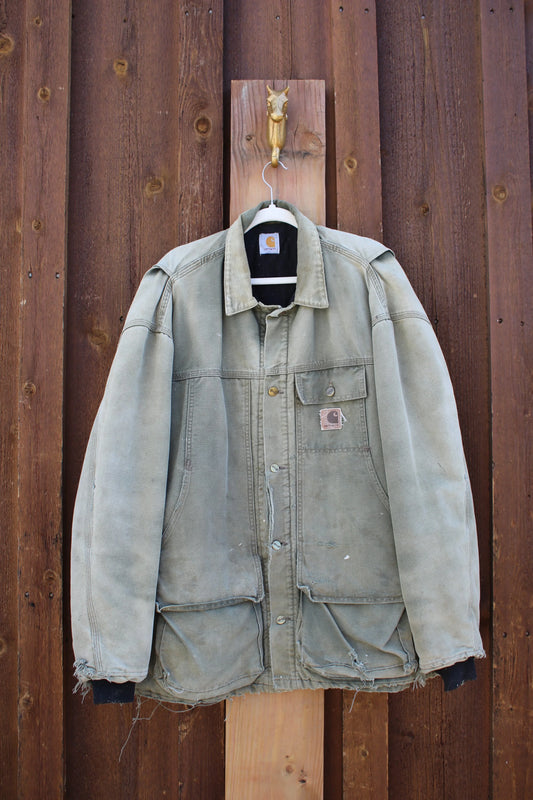 Vintage Carhartt Duck Canvas Chore Jacket – Faded Olive Green Tall Fit Workwear Coat
