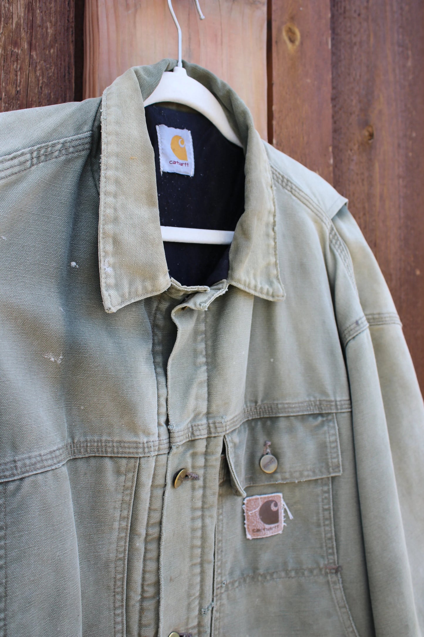 Vintage Carhartt Duck Canvas Chore Jacket – Faded Olive Green Tall Fit Workwear Coat