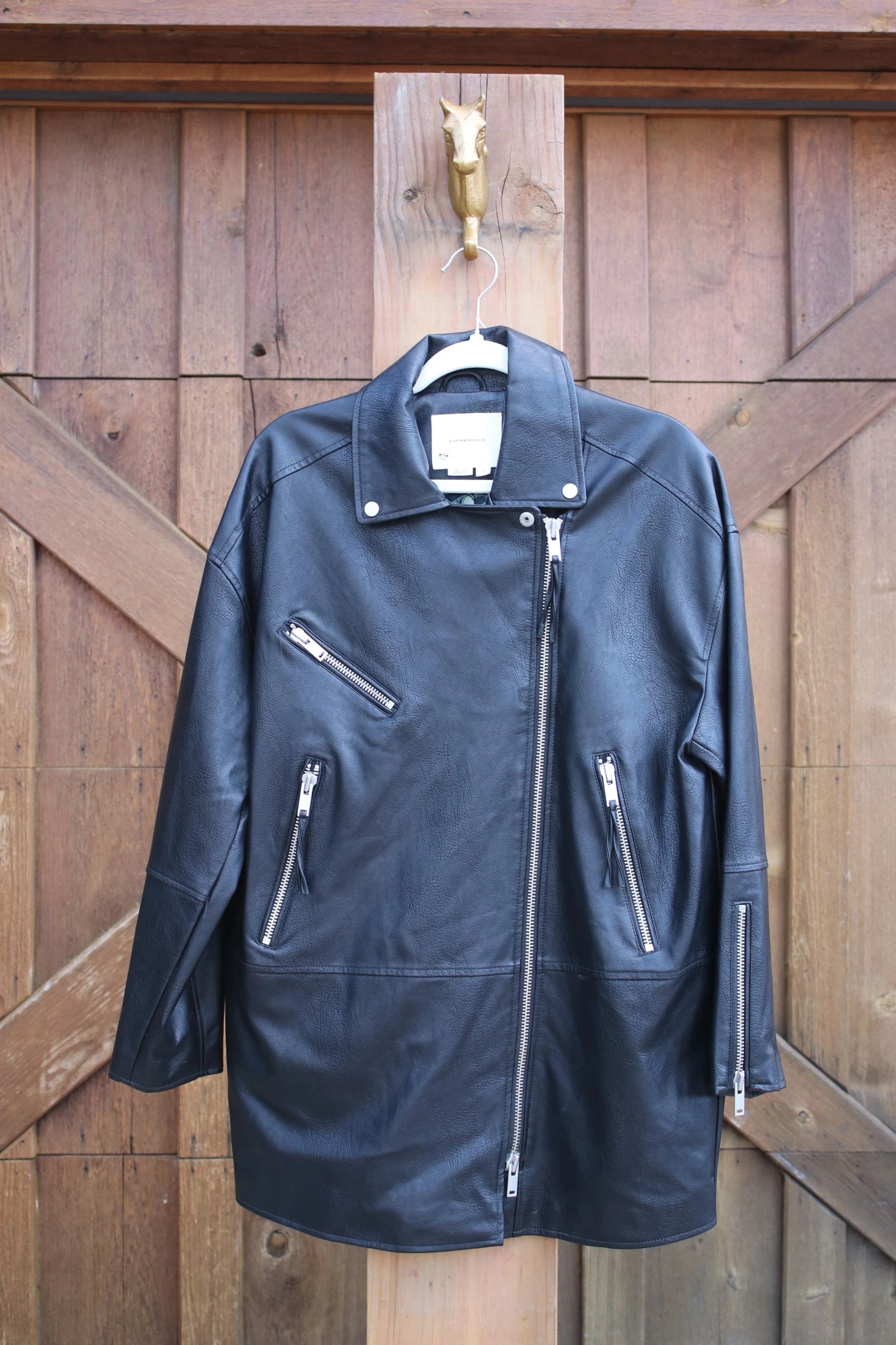 Anthropologie Oversized Faux Leather Moto Jacket – Black Biker Jacket with Silver Zippers