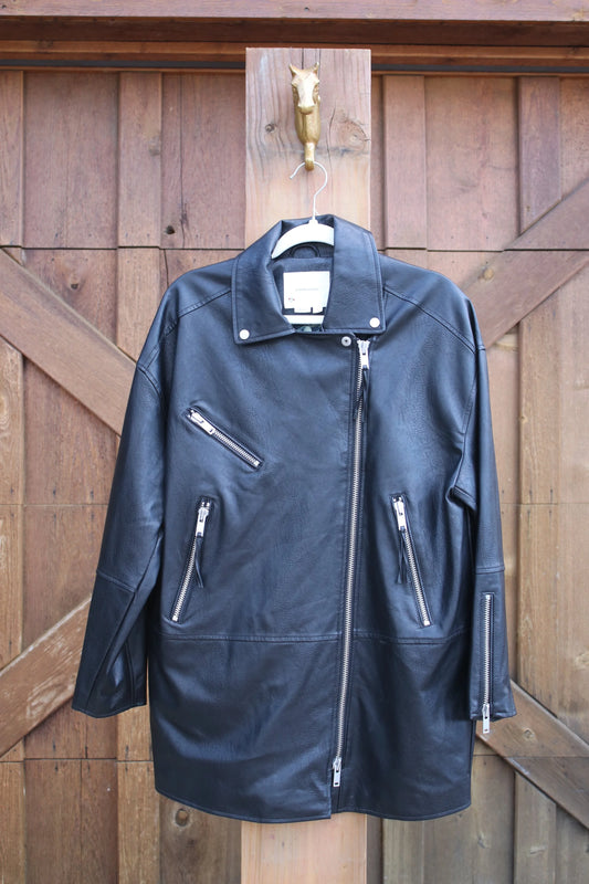 Anthropologie Oversized Faux Leather Moto Jacket – Black Biker Jacket with Silver Zippers
