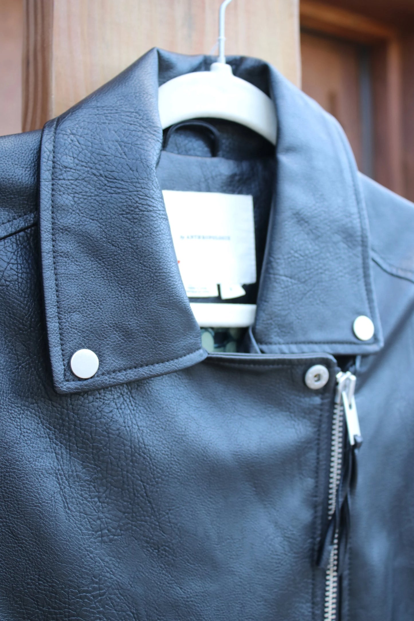 Anthropologie Oversized Faux Leather Moto Jacket – Black Biker Jacket with Silver Zippers