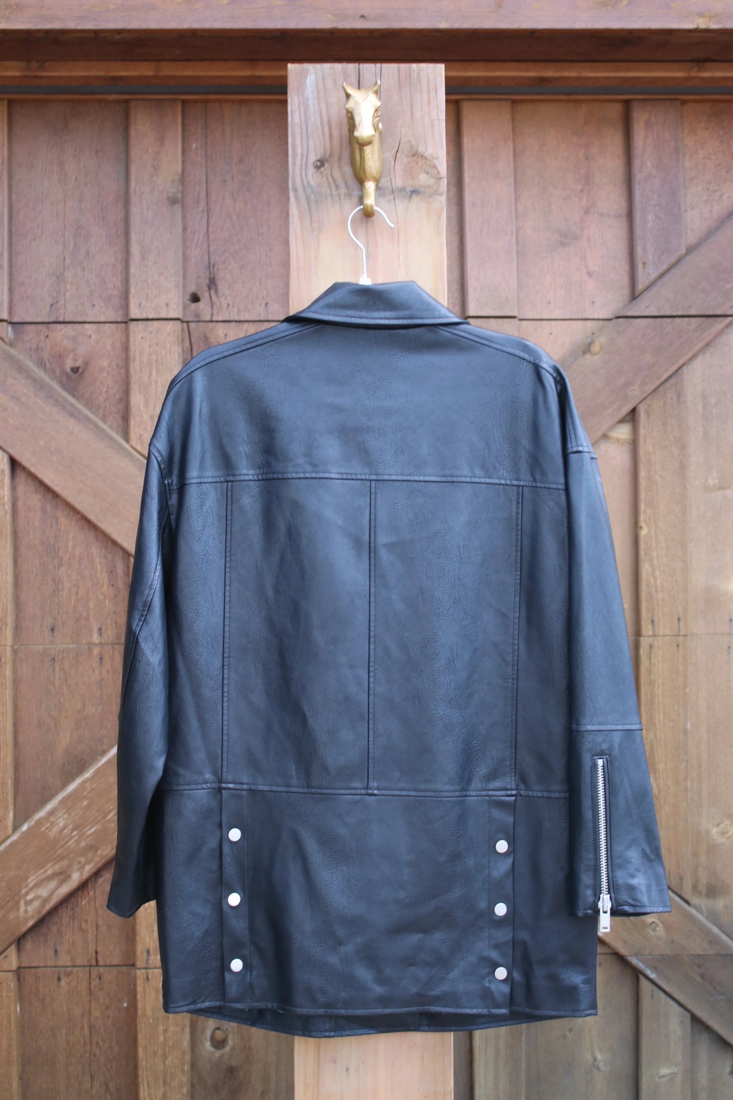 Anthropologie Oversized Faux Leather Moto Jacket – Black Biker Jacket with Silver Zippers