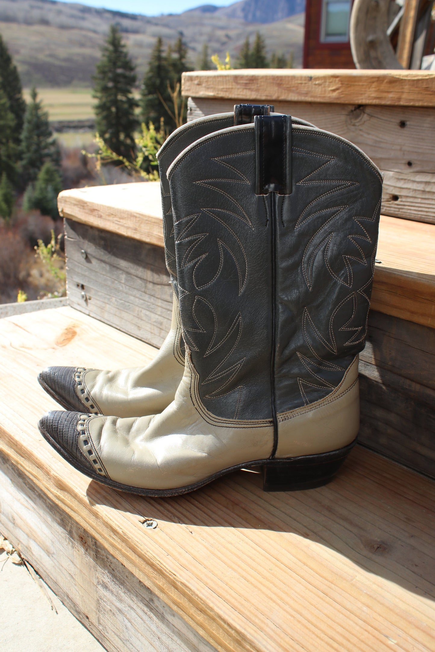 Vintage Nocona Women’s Tan & Brown Pointed Toe Cowgirl Boots – Size 7 Goodyear Neolite Sole