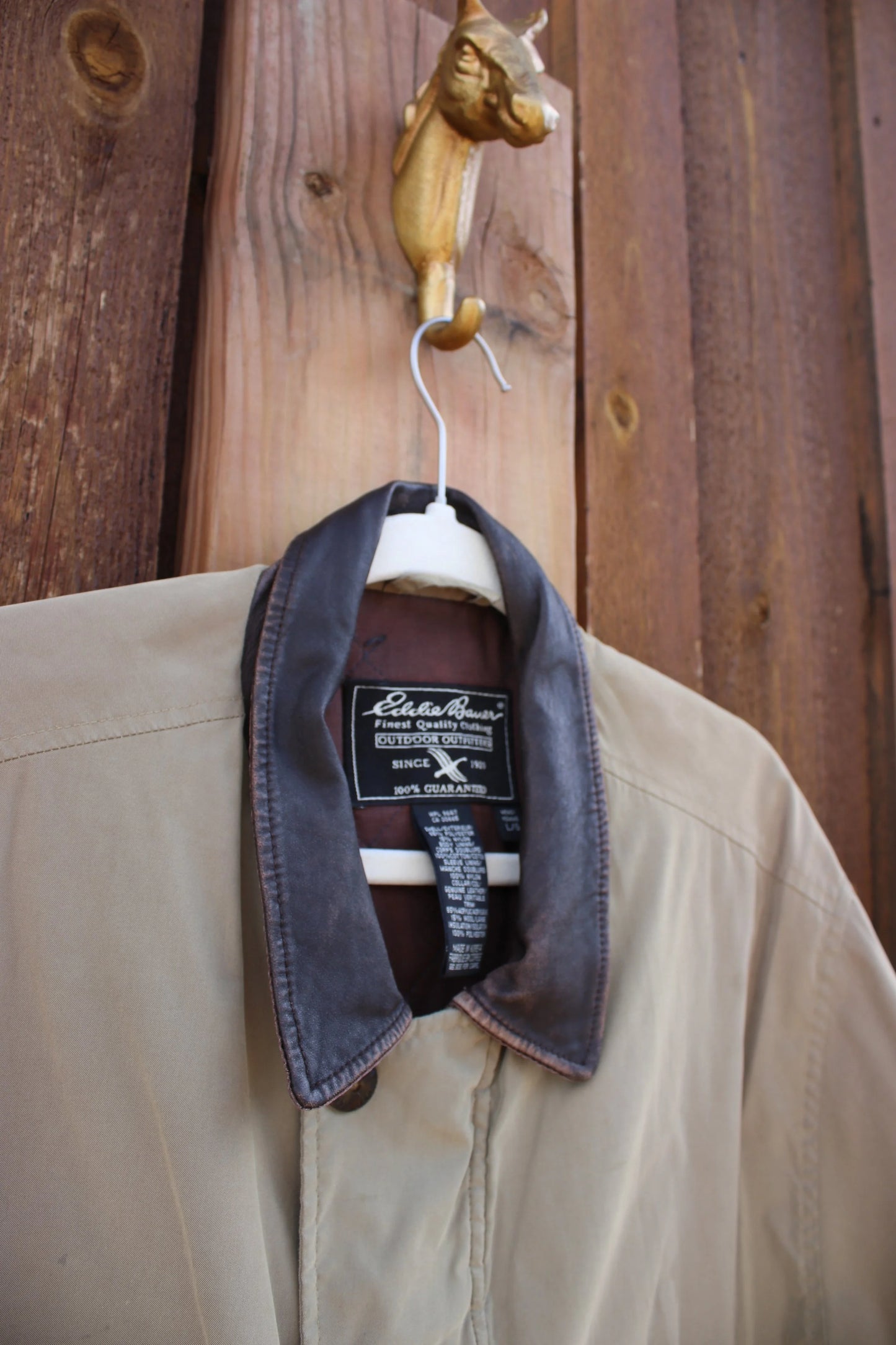 Vintage Eddie Bauer Tan Workwear Jacket with Leather Collar – Men’s Large