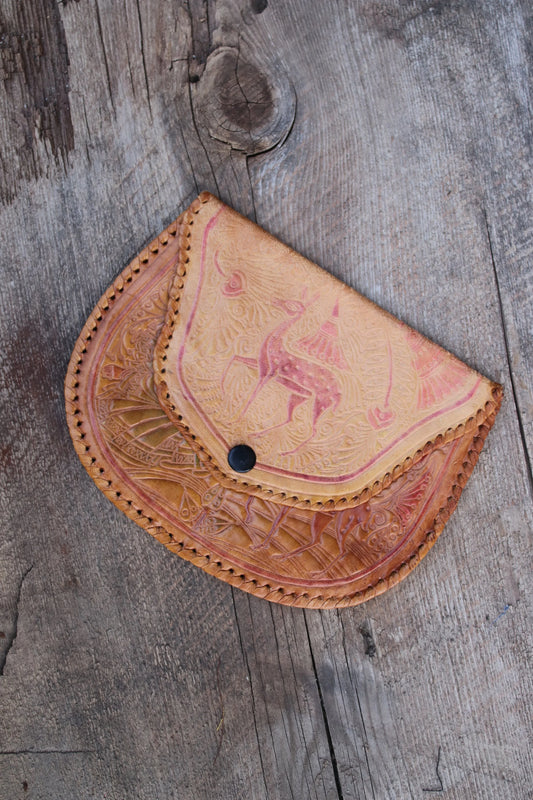 Vintage Tooled Leather Animal Scene Coin Purse
