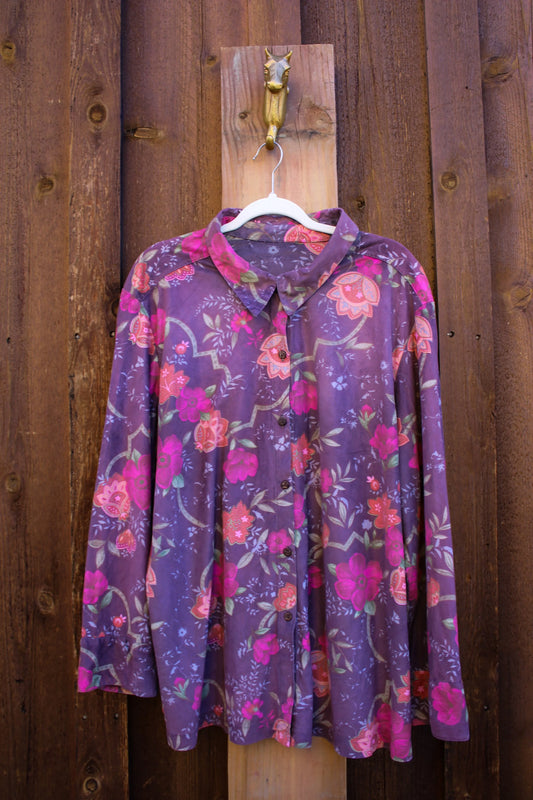 Vintage Women’s Floral Suede-Like Button Down (No Brand Tag)