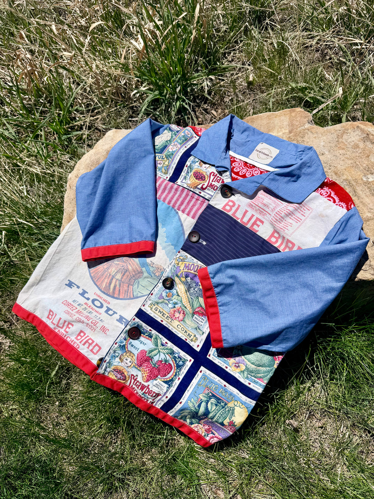 Handmade patchwork shirt with colorful patterns and upcycled fabric