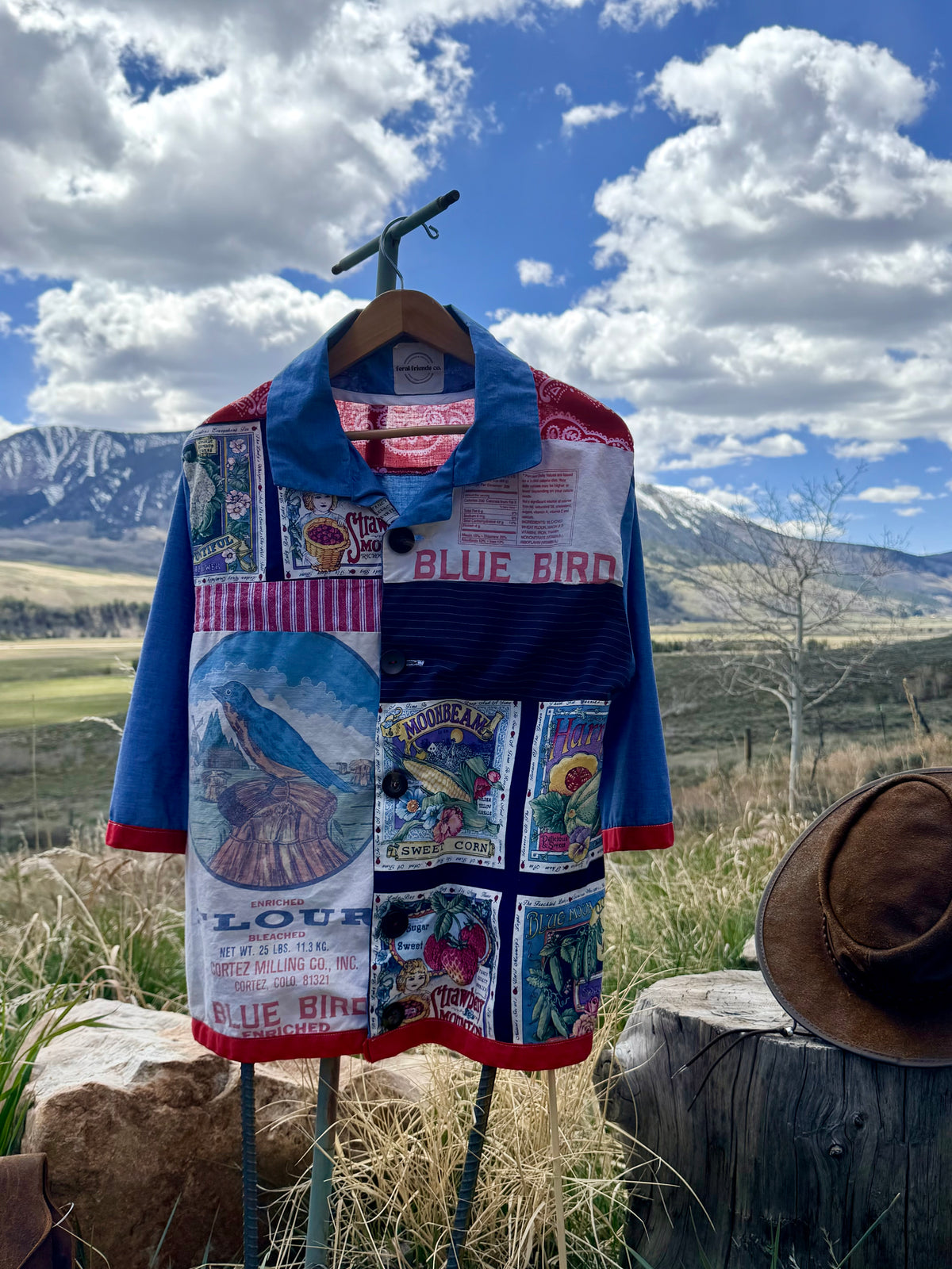 Patchwork shirt with 'Blue Bird' flour bag upcycled fabric