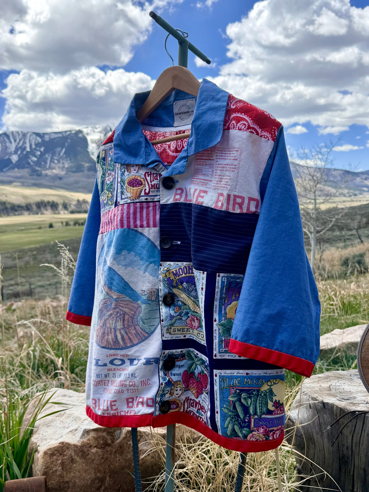 Patchwork shirt with upcycled flour bag fabric button down