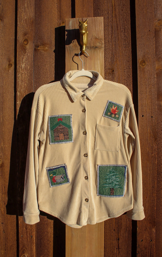 “Campfire Stories” – Upcycled Cream Corduroy Cabin Patch Shirt