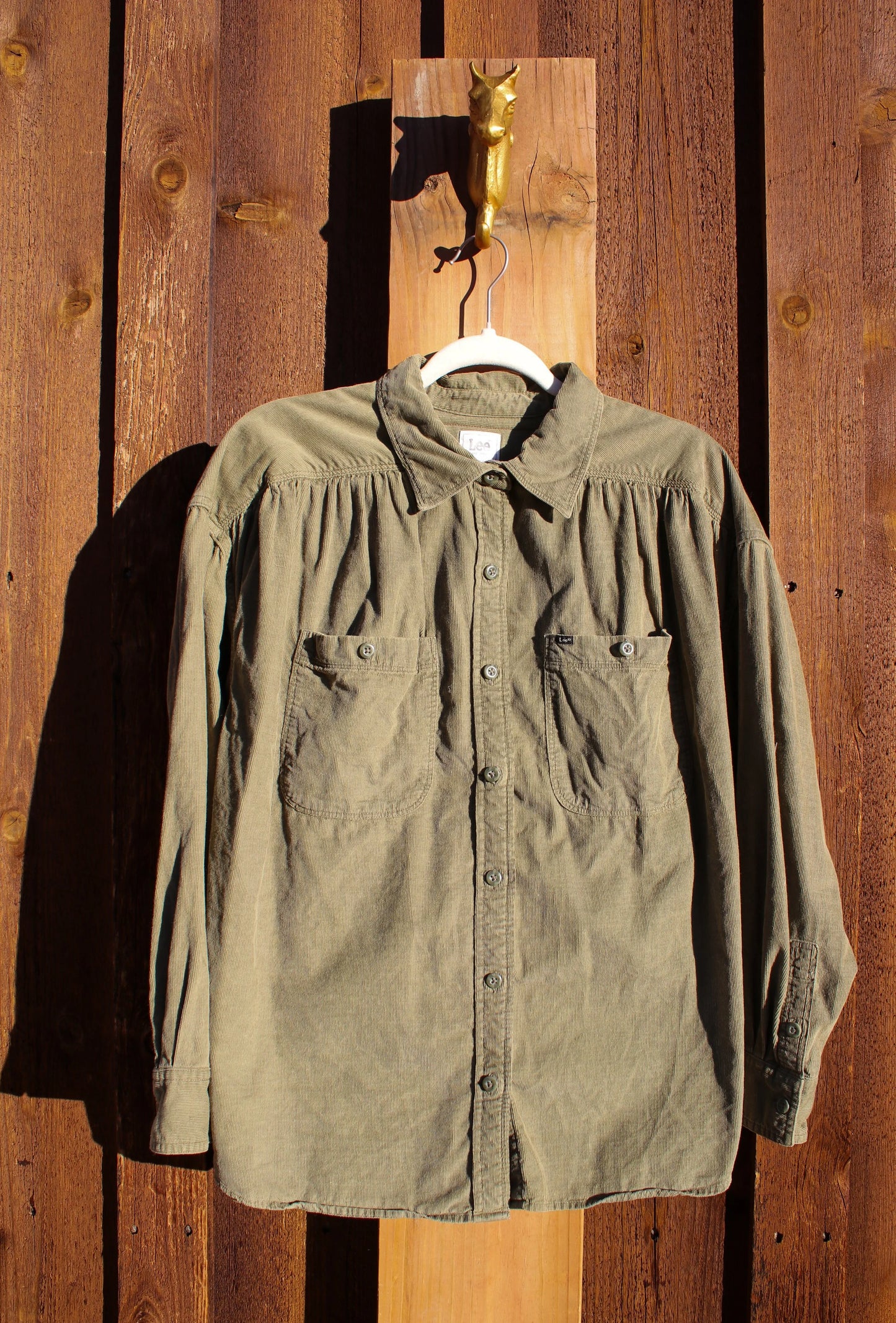 “Bear Creek Trail” – Upcycled Lee Olive Button Down with Bear Patch