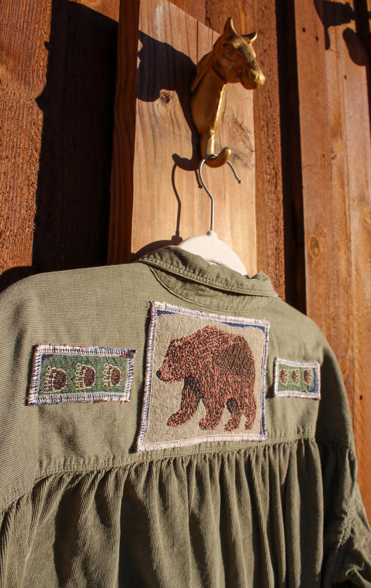“Bear Creek Trail” – Upcycled Lee Olive Button Down with Bear Patch