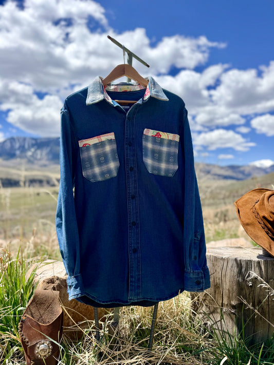 Upycled shirt with southwestern pockets.
