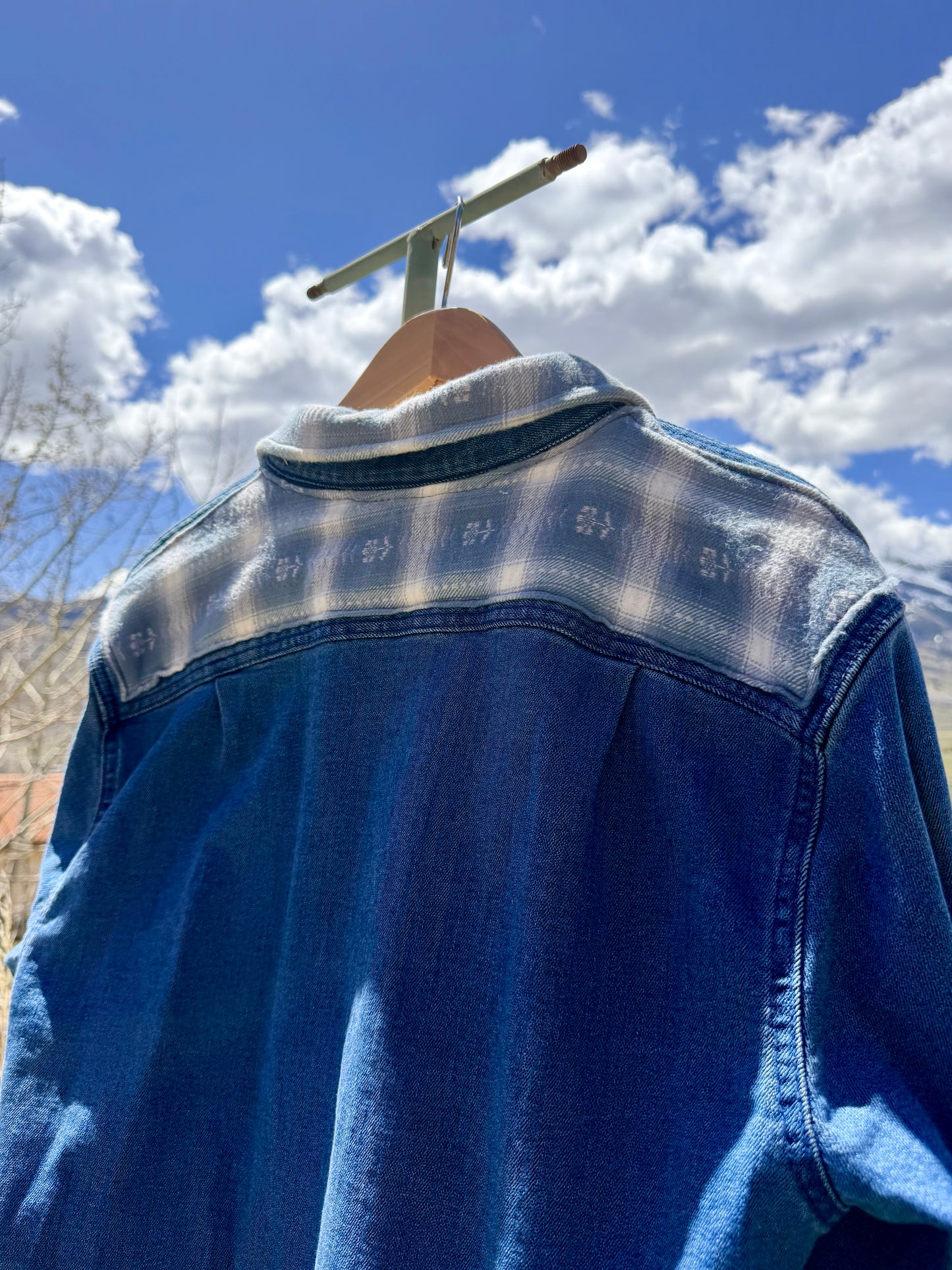 Upcycled denim workwear shirt back panel