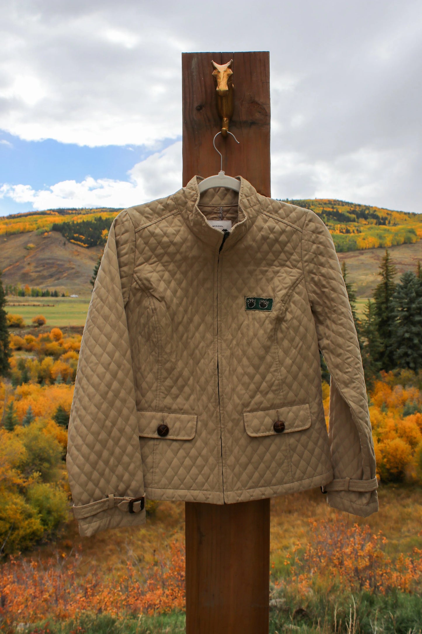 “Campfire Classic” – Upcycled Merona Quilted Jacket w/ Bear & Nature Patches