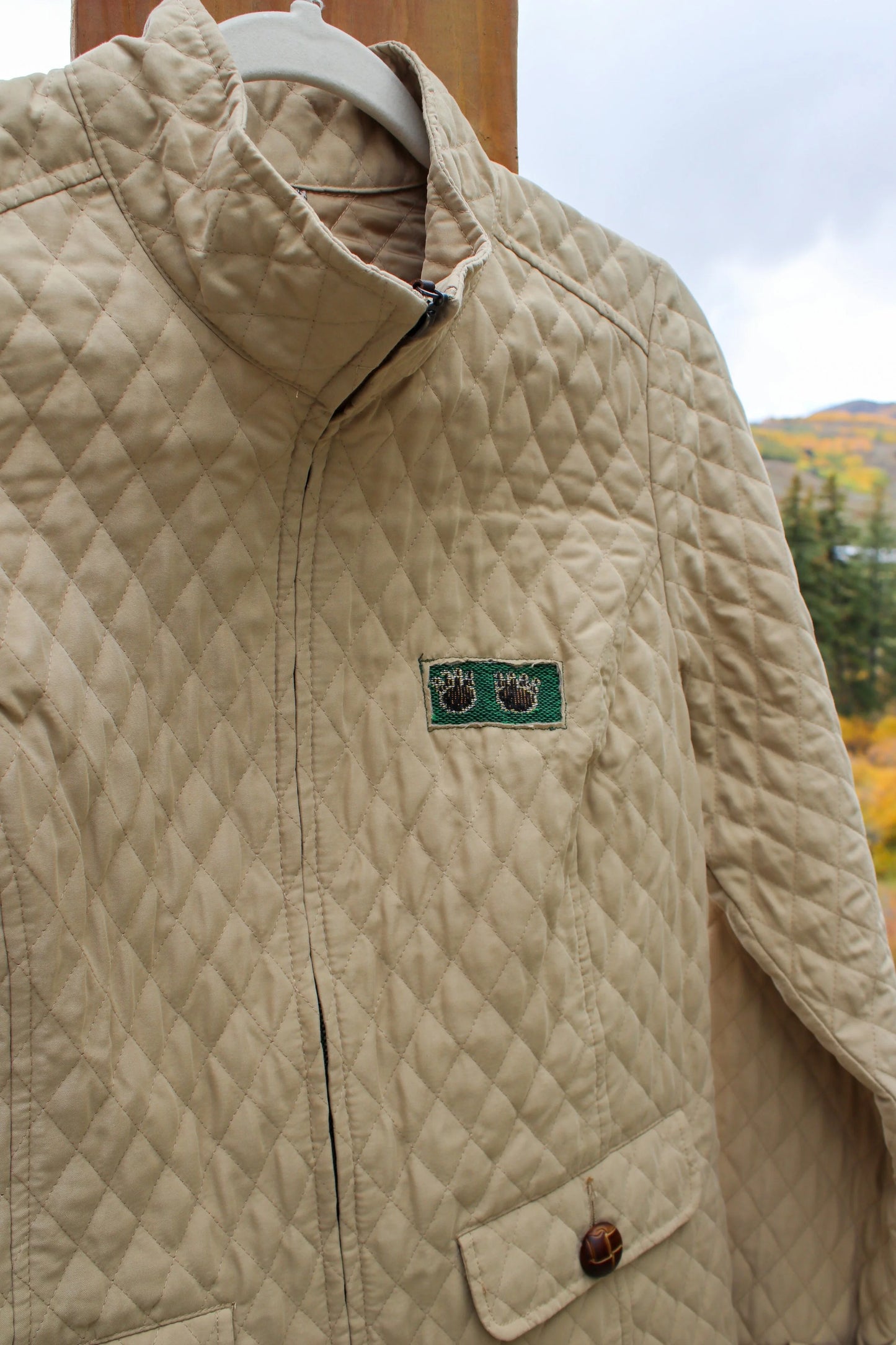 “Campfire Classic” – Upcycled Merona Quilted Jacket w/ Bear & Nature Patches