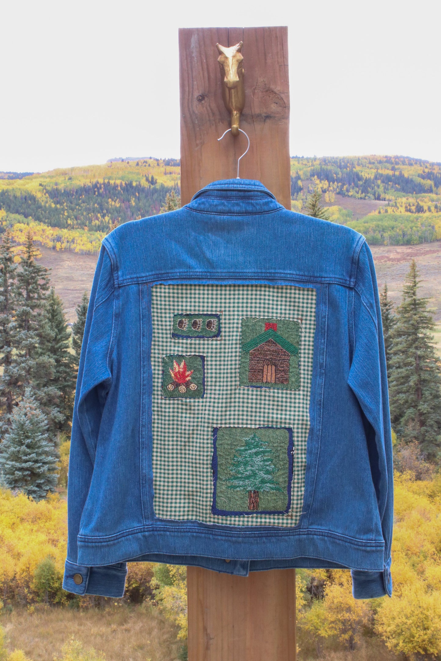 “Cabin Quilt” – Upcycled Vintage Coldwater Creek Denim Jacket w/ Camp Patchwork