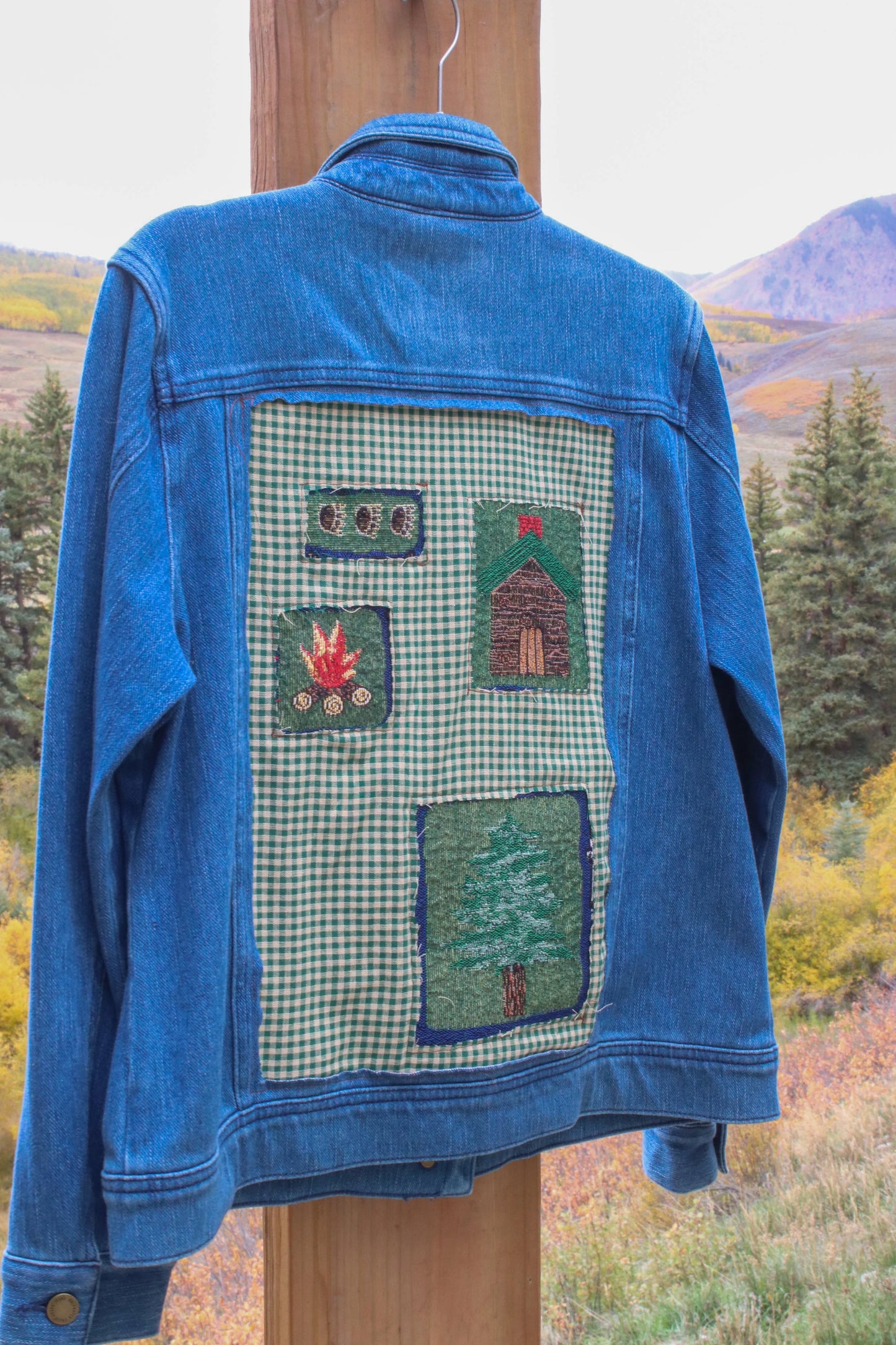 “Cabin Quilt” – Upcycled Vintage Coldwater Creek Denim Jacket w/ Camp Patchwork