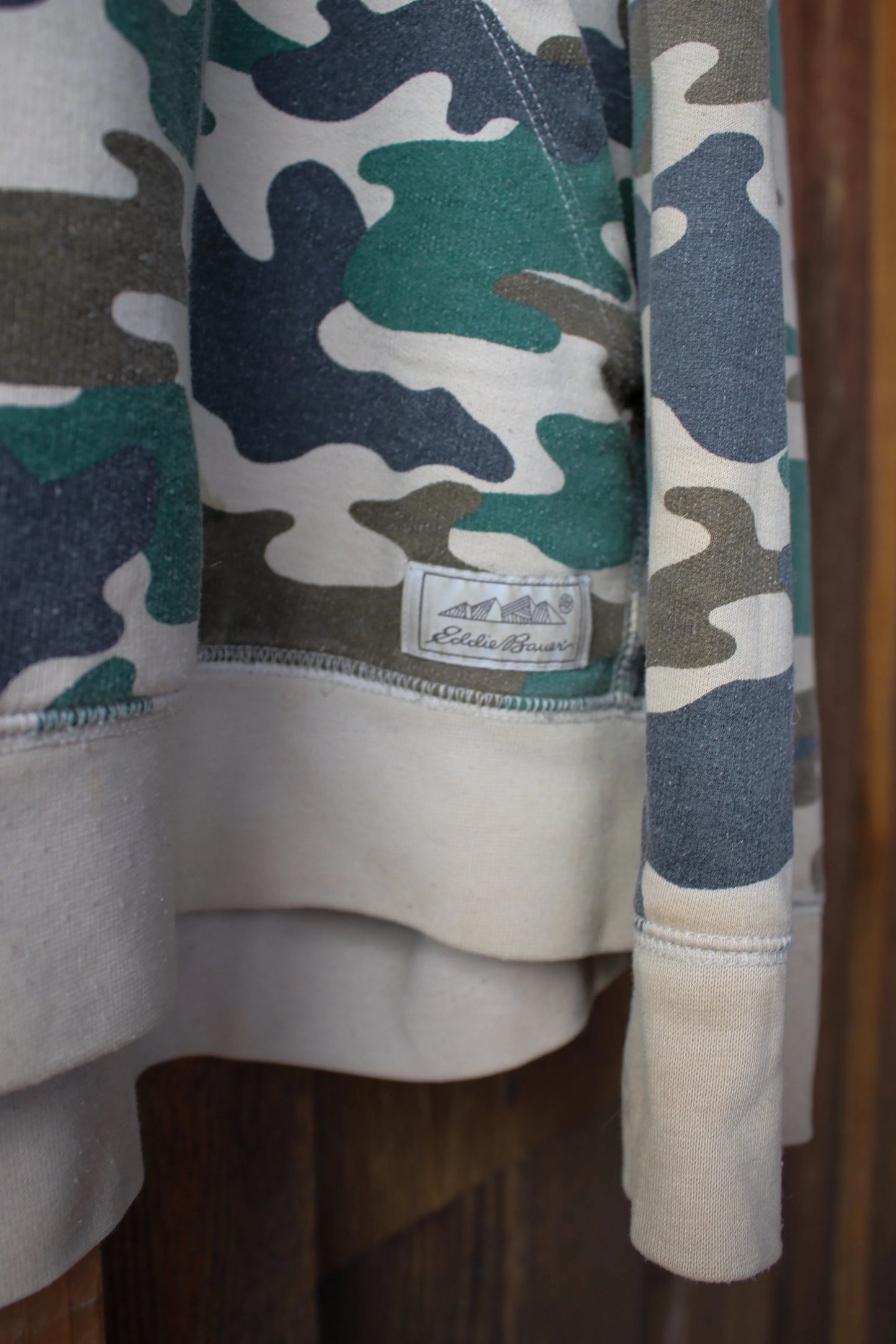 “Backcountry Bear” – Upcycled Vintage Eddie Bauer Camo Sweatshirt