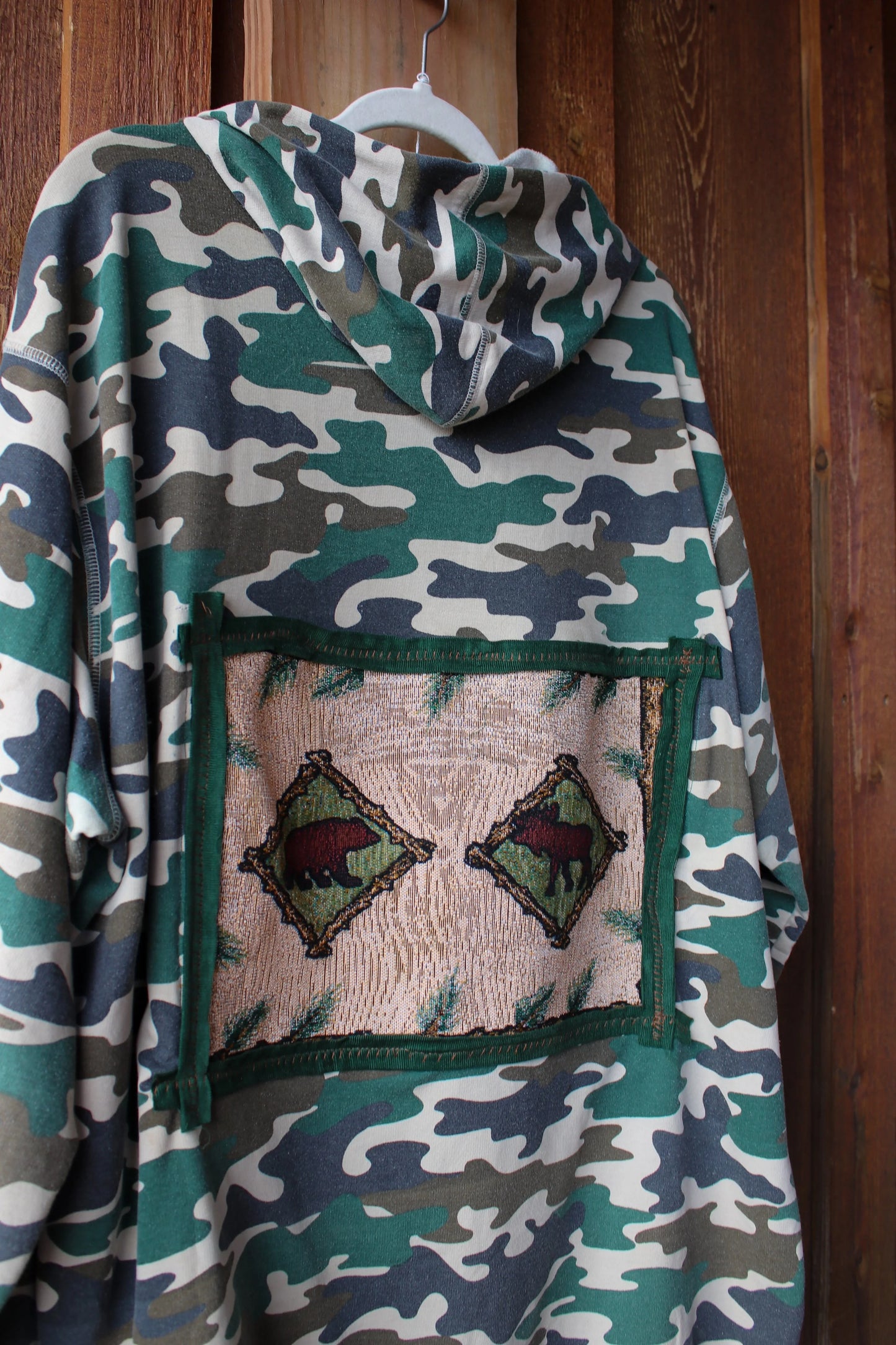 “Backcountry Bear” – Upcycled Vintage Eddie Bauer Camo Sweatshirt