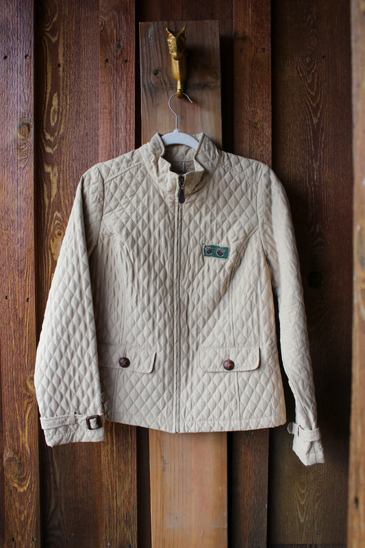 “Campfire Classic” – Upcycled Merona Quilted Jacket w/ Bear & Nature Patches