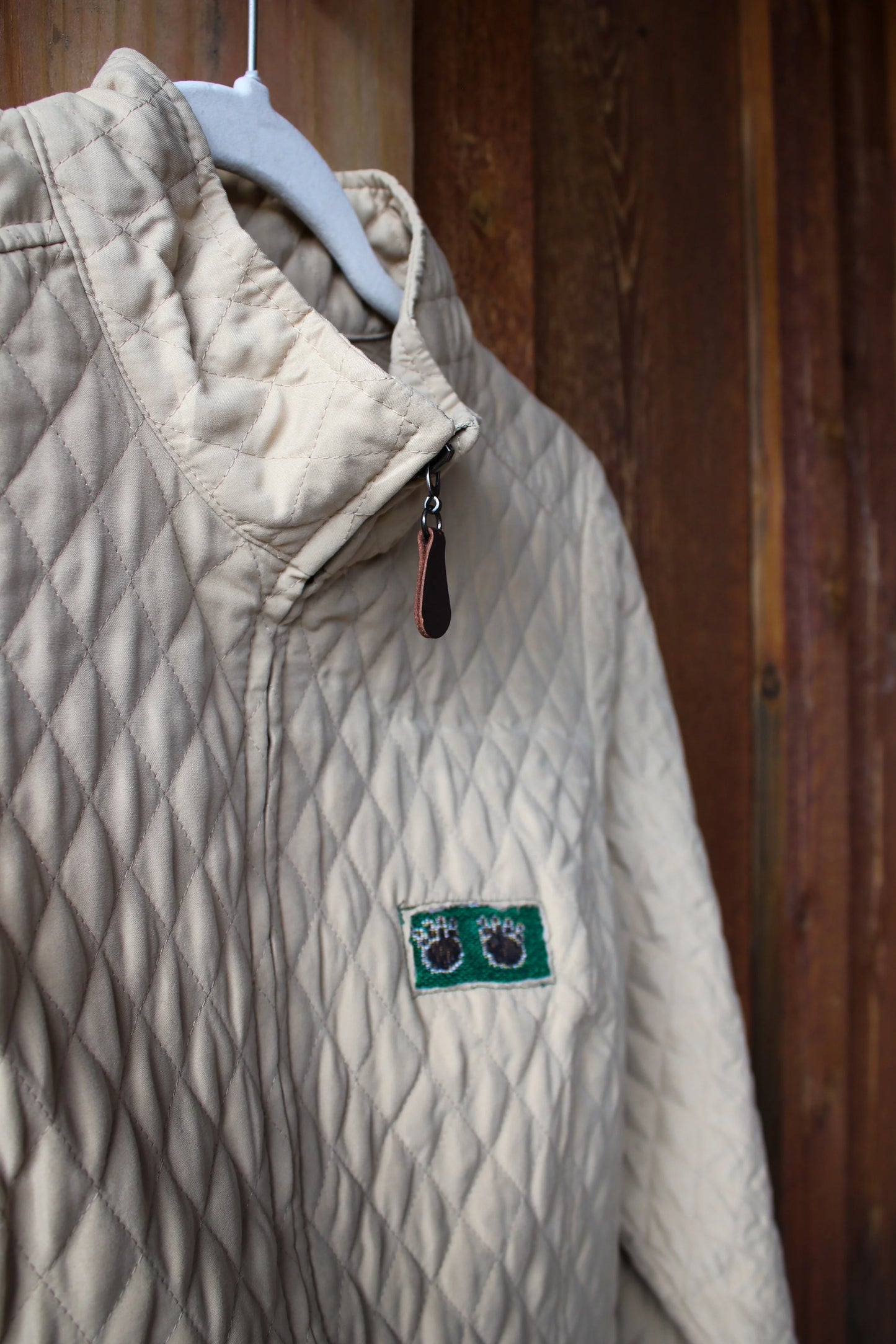 “Campfire Classic” – Upcycled Merona Quilted Jacket w/ Bear & Nature Patches