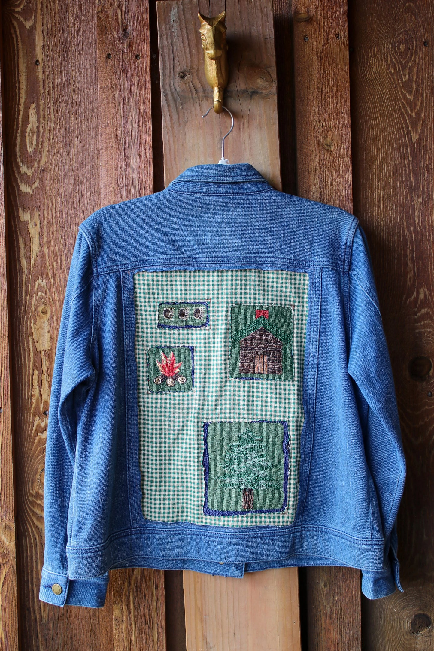 “Cabin Quilt” – Upcycled Vintage Coldwater Creek Denim Jacket w/ Camp Patchwork