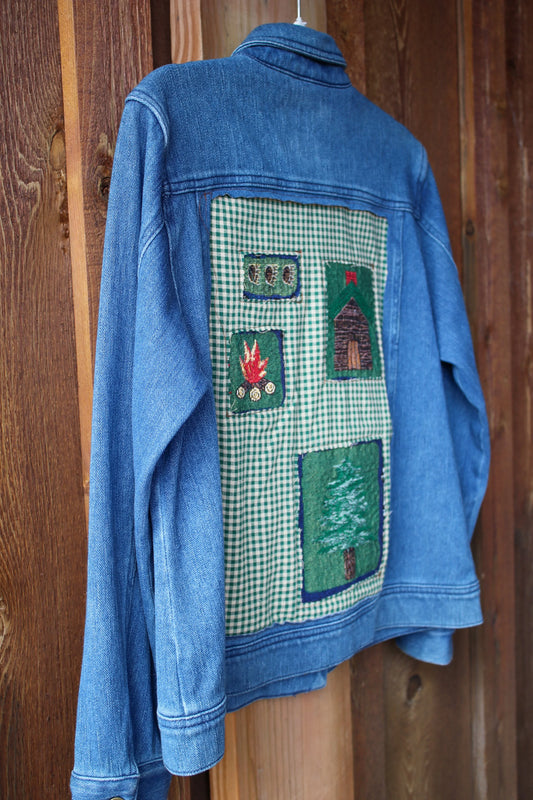 “Cabin Quilt” – Upcycled Vintage Coldwater Creek Denim Jacket w/ Camp Patchwork