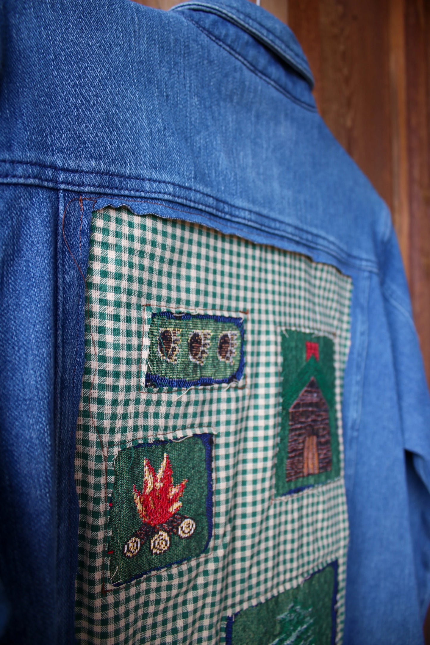 “Cabin Quilt” – Upcycled Vintage Coldwater Creek Denim Jacket w/ Camp Patchwork